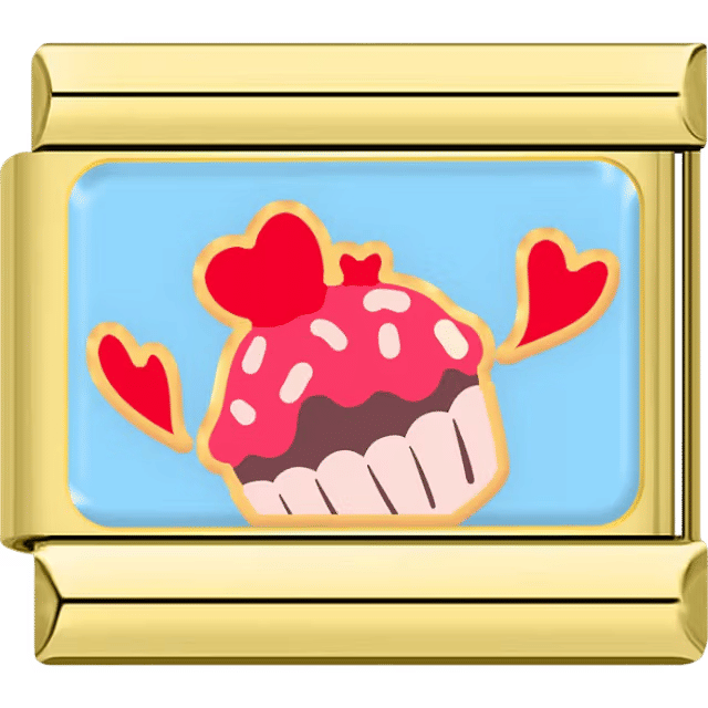 Gold Italian charm featuring a cupcake with pink frosting, sprinkles, and red hearts on a blue background.